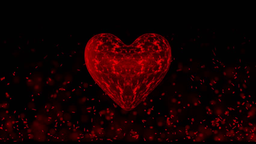 Red crimson 3D burning glowing heart rotating in loop with incandescent sparkles flying on black background. Valentine