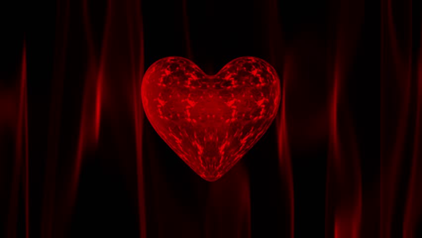 3D red crimson incandescent lava glowing heart rotating in loop on background with burning flames. Valentine