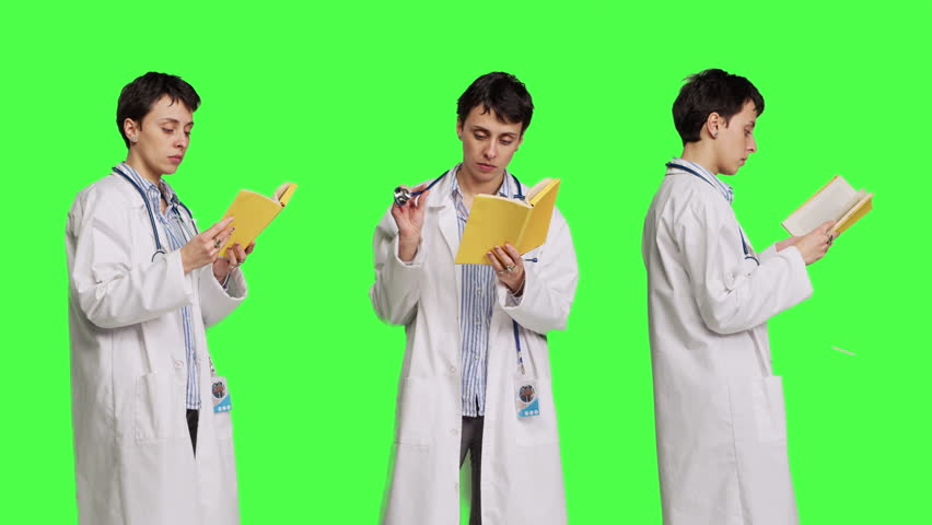 Medic specialist reading a healthcare literature book to develop her medical expertise in the industry, stands against greenscreen backdrop. Clever doctor in white coat enjoys lecture. Camera B. Royalty-Free Stock Footage #3464130209