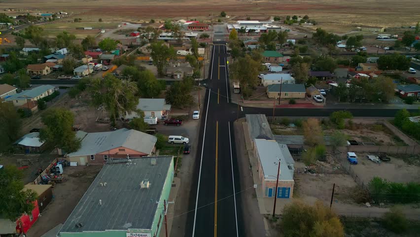 US Route 66 Along The Small Town Of Seligman In Arizona, USA. - aerial shot