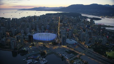 Vancouver Canada - Sept 2017: Aerial dusk view downtown Vancouver city lights BC place Stanley Park and English Bay British Columbia Canada RED WEAPON