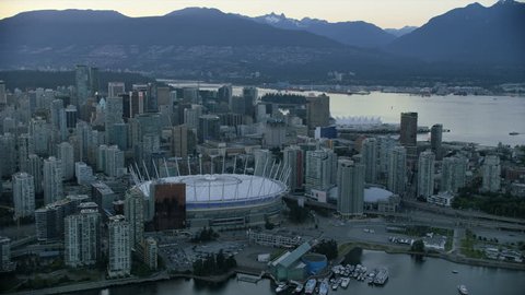 Vancouver Canada - Sept 2017: Aerial view Vancouver city skyline BC Place Edgewater Casino and North Shore Mountains Burrard Inlet British Columbia Canada RED WEAPON