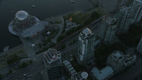 Vancouver Canada - Sept 2017: Aerial view Science World at Telus World of Science geodesic dome and BC Place Vancouver British Columbia Canada RED WEAPON