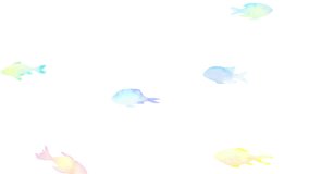A loop animation in which small, colorful fishes swim around the screen. A video using watercolors.