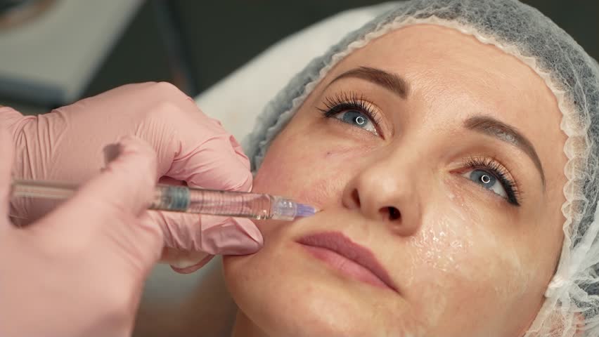 Injection with syringe for face treatment. Professional cosmetologist uses botulinum to give woman youth and natural beauty without wrinkles. Augmentation skin procedure and beauty injections for