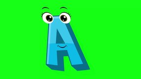 Cartoon style letter a 2d animation with green screen background, a alphabet dancing letters for little kids