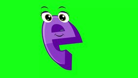 Cartoon style letter e 2d animation with green screen background, e alphabet dancing letters for little kids