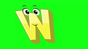 Cartoon style letter w 2d animation with green screen background, w alphabet dancing letters for little kids