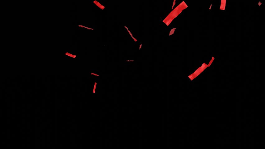 Falling shiny red confetti isolated on transparent video black background. Bright festive tinsel of red color