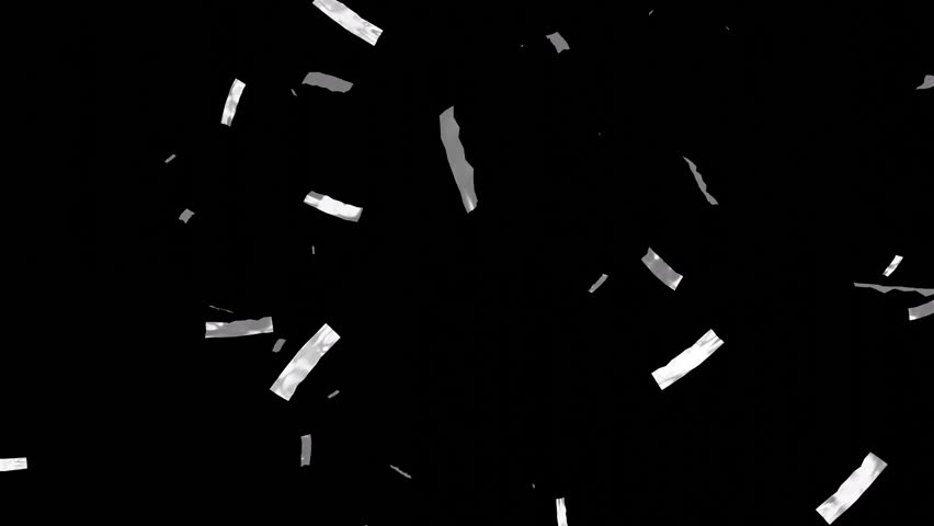 Falling shiny silver confetti isolated on transparent video black background. Bright festive tinsel of silver color.