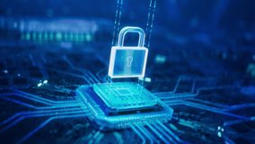 Beautiful 3D Animation of Futuristic Microchip and Lock Symbol Appearing that Represent Cybersecurity and Data Protection in Digital Space. Next Generation Chip for Threat Detection and Neutralization - Powered by Shutterstock - Get 15% off with code: PIKWIZARD15