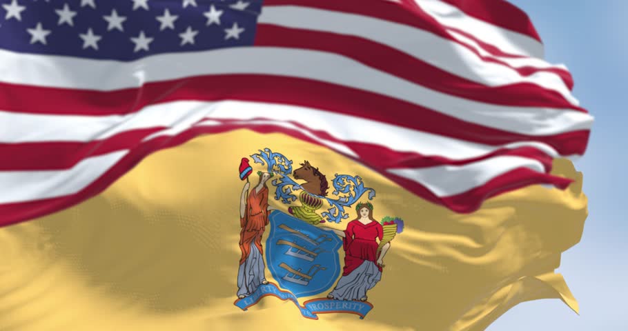 New Jersey state flags waving with the american flag on a clear day. US state flag. Pride and community concept. Seamless 3d render animation. Slow motion loop. Selective focus