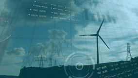Animation of stock market and diagrams over wind turbine. Ecology and digital interface concept digitally generated video. - Powered by Shutterstock - Get 15% off with code: PIKWIZARD15