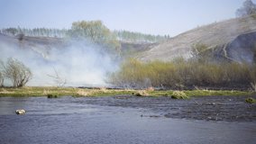 Burning dry grass on the riverside at spring, Russia, 4k UHD video footage