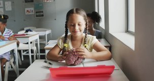 Video oh happy caucasian girl holding brain model during biology lesson. primary school education and learning concept.