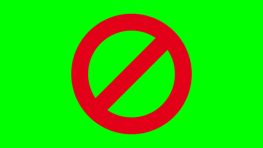 Appearance of the red crossed out circular prohibition symbol coming from the front on a green screen, transparent background with alpha channel