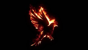 Animation of burning bird, black background, composite material

