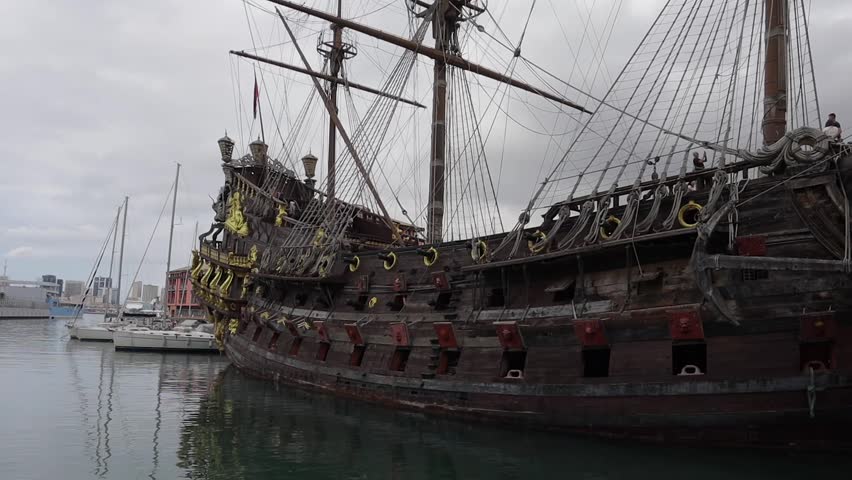 Panning clip of old wooden pirate ship with 3 masts