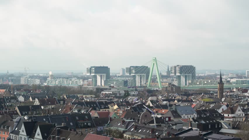 Static Shot of the famous Kranhäuser behind the Severinsbrücke in Cologne Germany