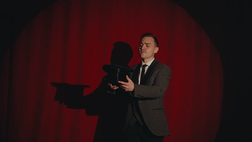 Man magician performing trick with beautiful white dove bird
