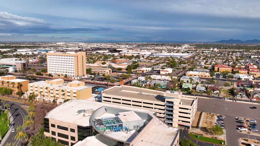 Phoenix downtown skyscrapers skyline aerial view on Washington Street from Capitol in city of Phoenix, Arizona AZ, USA. 