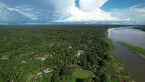 Drone shot of indigenous village on the dense jungle near Amazon, Colombia