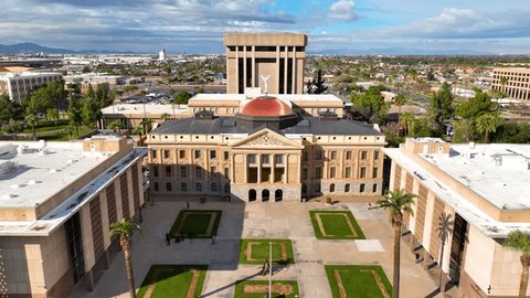 Arizona State Capitol, State Senate, House of Representatives building and Wesley Bolin Memorial Plaza aerial view in city of Phoenix, Arizona AZ, USA. : film stockowy