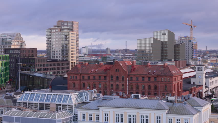 Malmo skyline view with prominent west facade of Central Station, aerial view