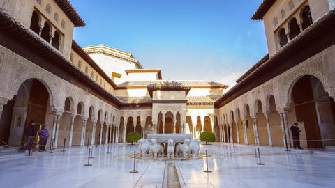 GRANADA, SPAIN - SEPTEMBER 2017.
Time lapse shot inside the 'Alhambra', the 'court of lions' water fountain located in Granada, Spain