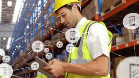 Animation of network of connections with icons over caucasian male worker in warehouse. Global shipping, delivery, connections and digital interface concept digitally generated video. - Powered by Shutterstock - Get 15% off with code: PIKWIZARD15