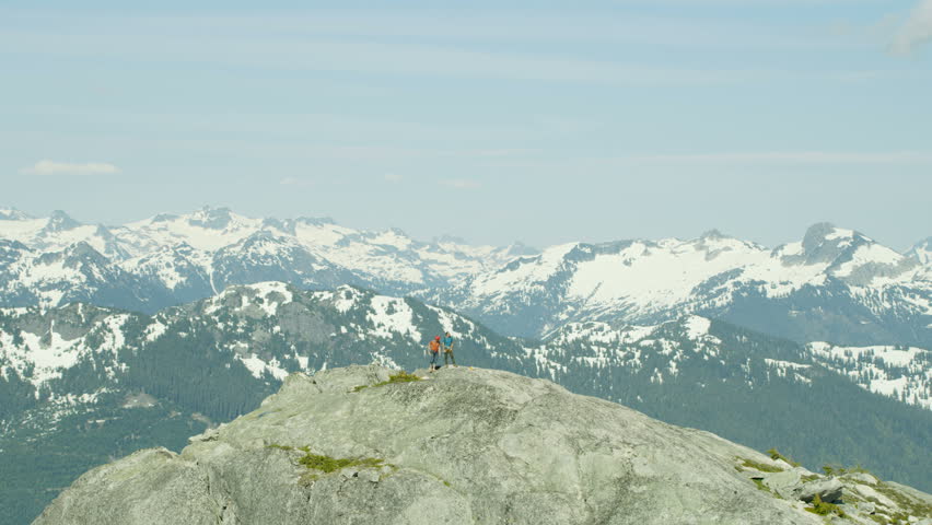 Aerial view of team expedition of climbers reached top of Mount Habrich in Squamish Valley Canada RED WEAPON