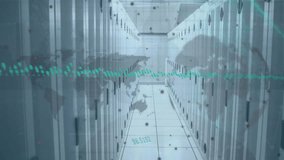 Animation of data processing with world map and globe over server room. Global technology, computing and digital interface concept digitally generated video. - Powered by Shutterstock - Get 15% off with code: PIKWIZARD15