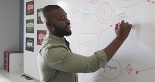 Video of happy african american male teacher at blackboard during math lesson. primary school education and teaching profession.