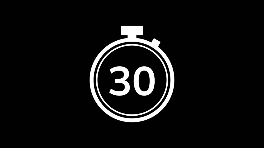 30 seconds countdown timer animation from 30 to 0 seconds. Modern white stopwatch cowndown timer on black background