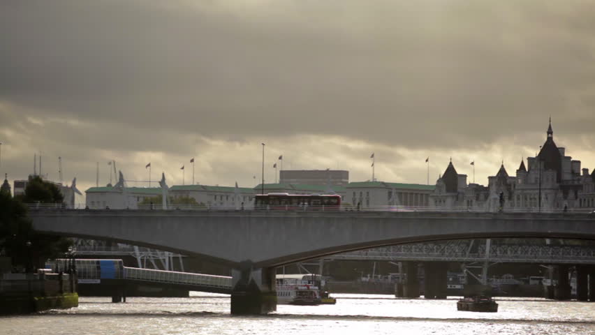 LONDON - OCTOBER 7, 2011: Distant view of Waterloo bridge from Thames River in