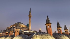 Mevlana Tomb and Mosque (Mevlana Türbesi ve Cami) Night Lights Drone Video, Mevlana Konya, Turkiye (Turkey)