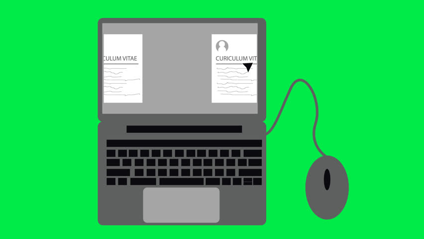 animated infographic video of a laptop screening curriculum vitae for recruiting new employees. with a green screen background