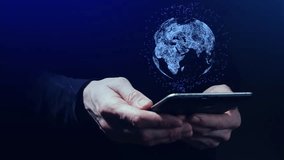 Hologram of planet over tablet in hands. Technologies and data worldwide concept. Globe spinning on dark blue background. Person searching in Internet - Powered by Shutterstock - Get 15% off with code: PIKWIZARD15