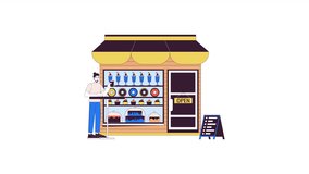 Man drinks coffee at candy shop line 2D character animation. Confectionery making business flat color cartoon 4K video, alpha channel. Dessert store caucasian guest animated person on white background