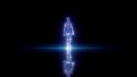 Digital Man Blue and Orange Color Dots Walking, Abstract Dark Cyber Space and Bright Light. Artificial Intelligence Beautiful Illustration. Neural Networks Avatar 3d Animation Technology Concept 4k.  - Powered by Shutterstock - Get 15% off with code: PIKWIZARD15