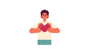 Give your love to others 2D animation. Young latin american man holding heart 4K video motion graphic. Self improvement psychological practices color animated cartoon flat concept, white background