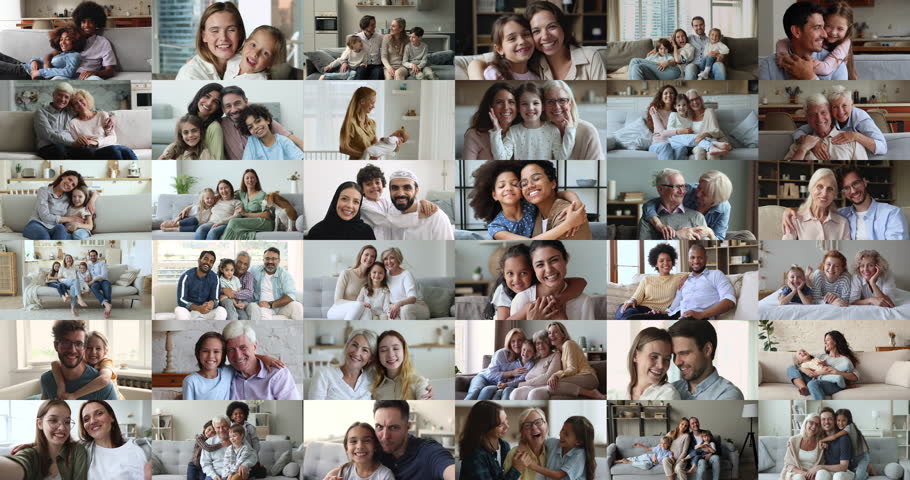Happy family Day celebration, close up faces, portraits of young and old people, enjoy good warmth relation, hugging, feeling unconditional love smiling looking at camera, collage view. Video call app