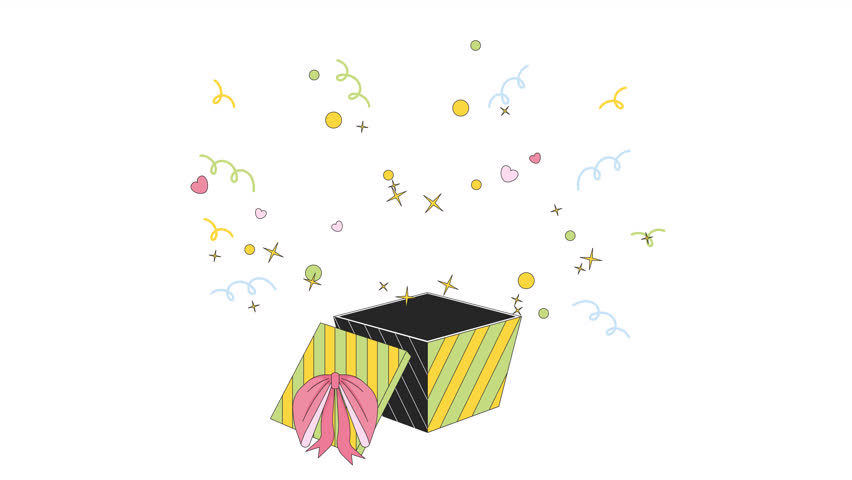 Confetti out of gift box open line 2D object animation. Unwrapped present surprise flat color cartoon 4K video, alpha channel. Birthday, Christmas. Giftbox opening animated item on white background