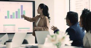 Company female boss, representative explain data information, make presentation of sales statistics using TV screen, give explanation of visual graphs, charts, tables display at meeting with investors - Powered by Shutterstock - Get 15% off with code: PIKWIZARD15
