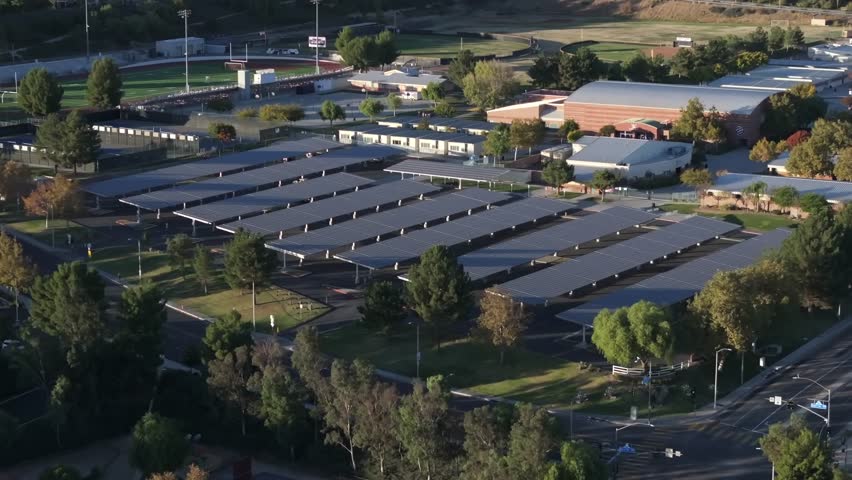 Aerial Drone Flyover Sustainable Solar Panel Grid On School Parking Lot, 4K
