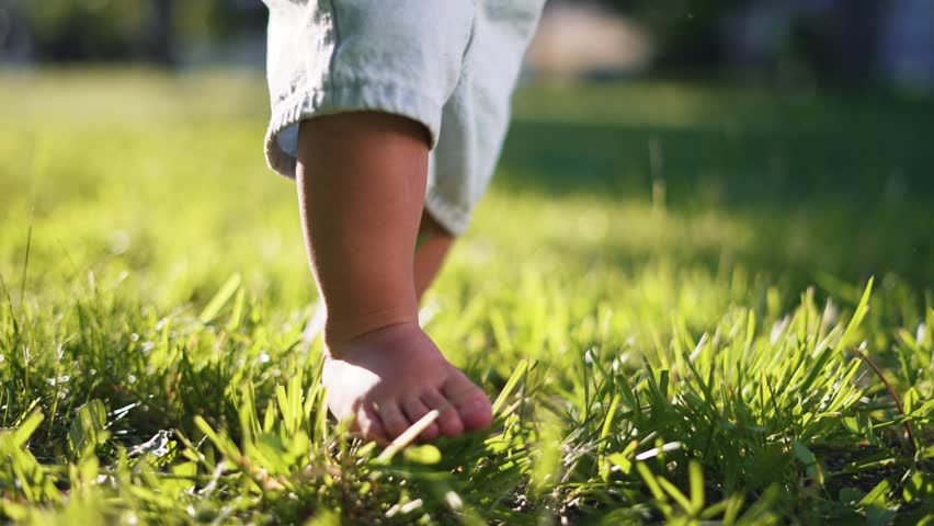 First steps.toddler takes first steps on green grass in park in summer at sunset.Family walk picnic in meadow nature.Happy kid takes first steps in nature on grass.Family picnic in park happy family