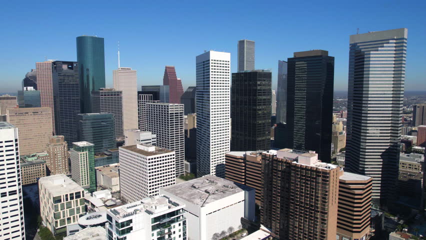 Houston TX Downtown Skyscrapers, Aerial View of Financial District Towers, Drone Shot