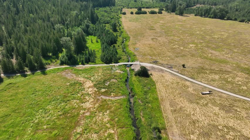 Drone shot of the manmade Breakfast Creek bridge in Spirit Lake, Idaho.