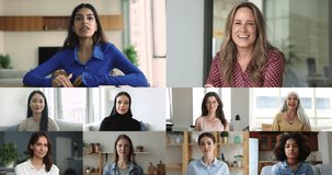 Indian and European businesswomen lead conversation through videoconference apps with multiethnic young and middle-aged colleagues. Blogging, teleconference, professional remote counsel, collage view