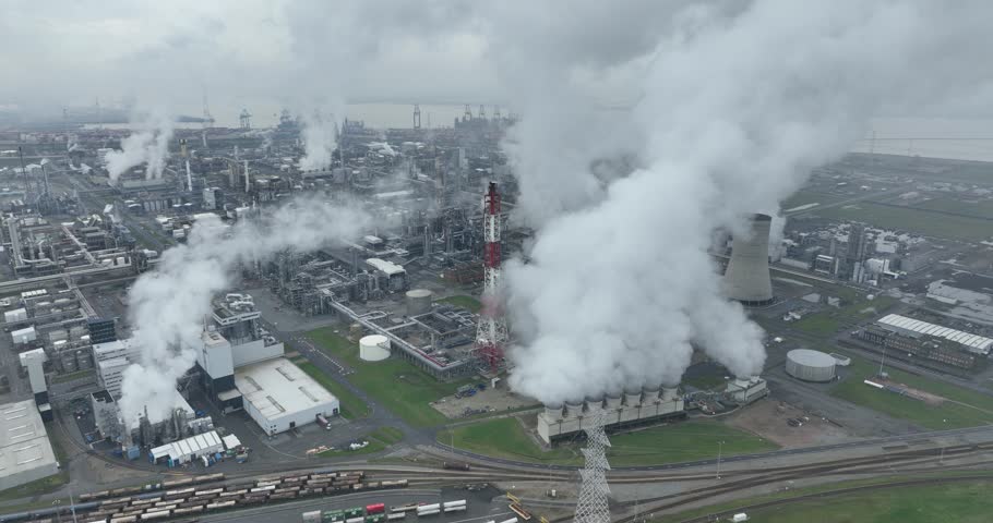 Chemical hub in Antwerp, largest integrated chemical cluster in Europe. Production and processing. Chemical production, commercial industrial chemical production industry. Birds eye view.